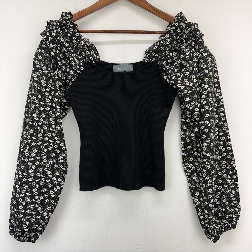 By Anthropologie Sz Medium Women’s Black Floral Woven Ruffle-Sleeve Sweater Top